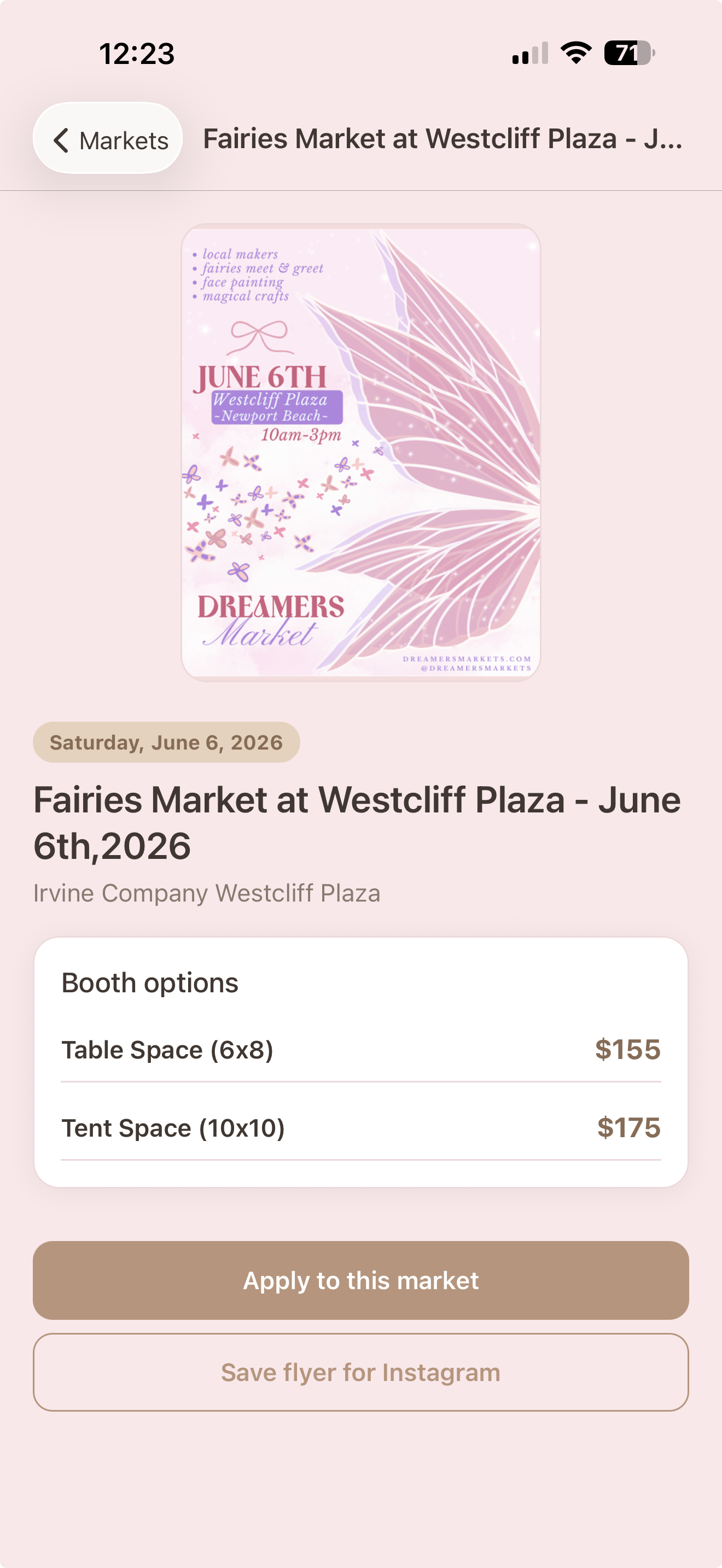 Event detail with booth pricing in the Dreamers Markets app
