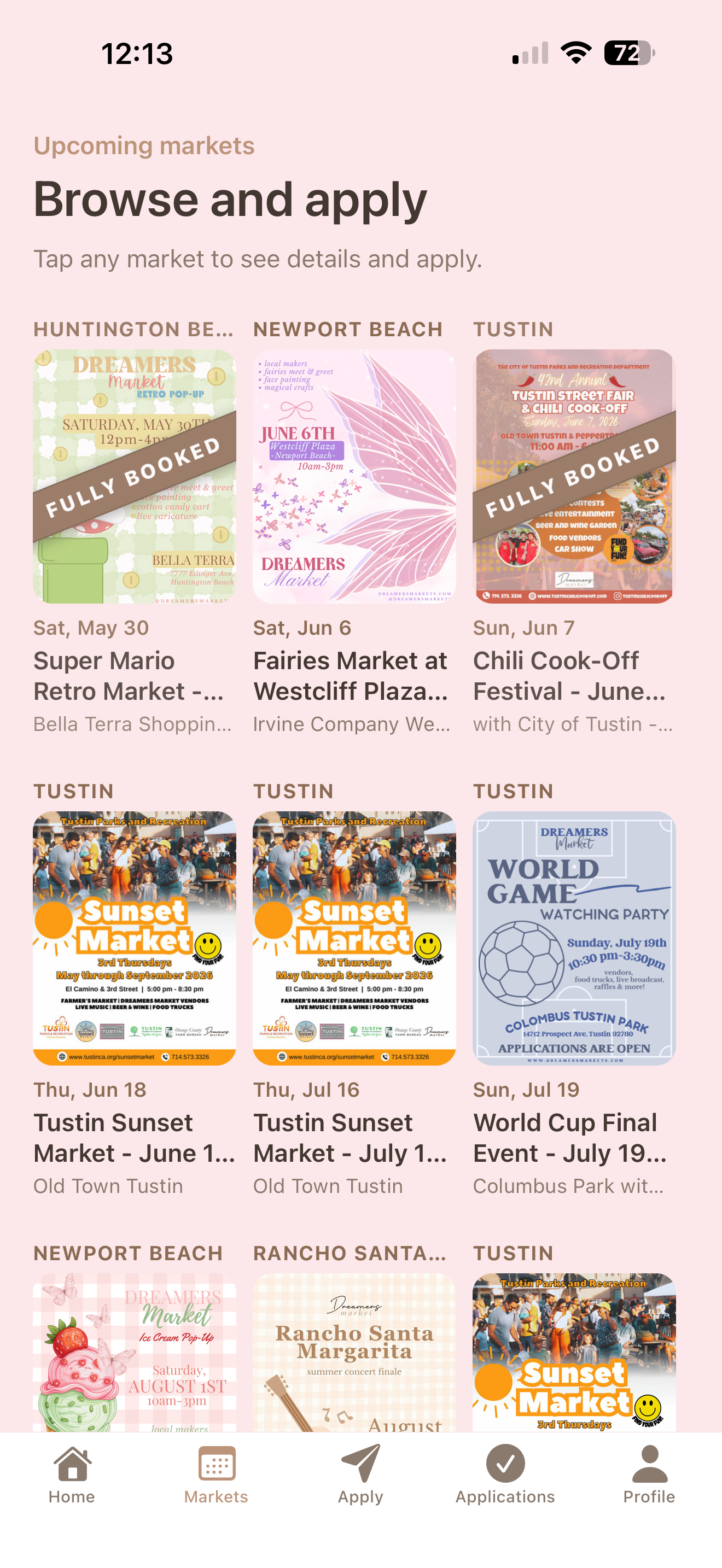 Browse upcoming markets in the Dreamers Markets app